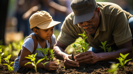 Uplifting display of unity and ecological responsibility with a diverse group engaging in urban tree planting, skyscrapers erect proudly in the backdrop.