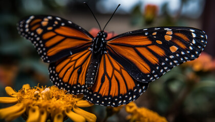 Vibrant monarch butterfly wing spotted on yellow flower in nature generated by AI