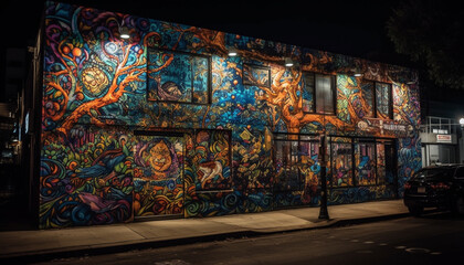 Vibrant city life illuminated by multi colored street lights and graffiti generated by AI