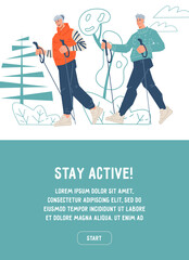 Banner or poster design for seniors doing sports and activities with elderly couple doing Nordic walking, flat vector illustration. Stay active concept of banner.