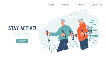 Stay active and healthy aging concept of web banner with elderly couple doing Nordic walking, flat vector illustration. Website header template for seniors sport activity.