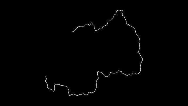 Rwanda map animation line. Black line animation letters drawing on a white background.