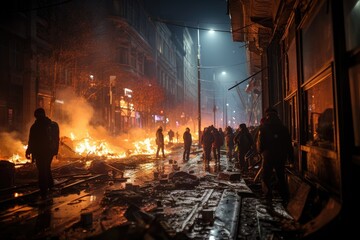 Disorder and protests unfolding on the bustling streets of a metropolis