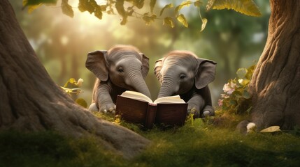 Two young elephants reading book under tree in park, learning, education and knowledge concept, Generative AI