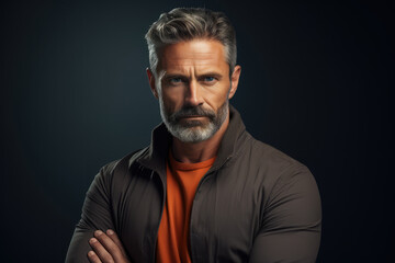 Fototapeta premium Man with arms crossed, looking serious against a solid color background - Authority and Assurance - AI Generated