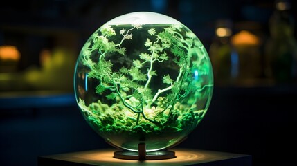 Capture a close-up of a glass globe filled with shimmering bioluminescent algae, emphasizing the beauty and sustainability of natural lighting
