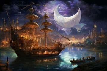 A nighttime scene from ancient Arabian tales featuring a majestic galley ship. Generative AI