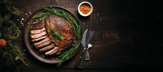 Sliced beef steak cooked medium on the dark wooden background, top view with copy space