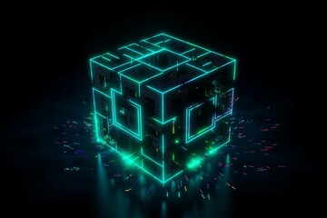 Animated depiction of a matrix code cube with a vibrant neon outline. Generative AI