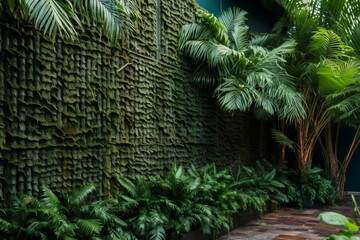 green wall made of palm leaves. Generative AI