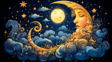 Enchanting illustration of a serene moon cradling a star in its crescent arms against a tranquil night sky, embodying tranquility and dreamy imagination.