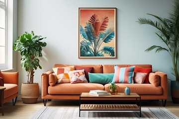 Interior of living room with cozy orange sofa, painting and large houseplants