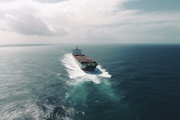 Bird's-eye view footage of a massive shipping vessel sailing across the vast sea, offering ample space for written content. Generative AI