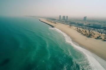Aerial view of Jeddah city beach alongside the Red Sea corniche, offering a scenic waterfront. Generative AI