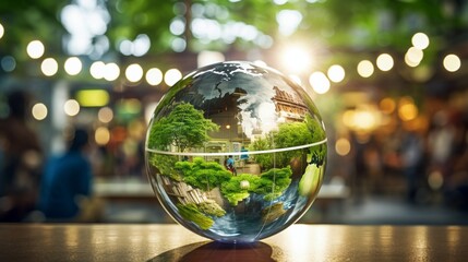 Capture a mesmerizing picture of a glass globe overlooking a bustling green energy marketplace, where vendors showcase innovative products and technologies
