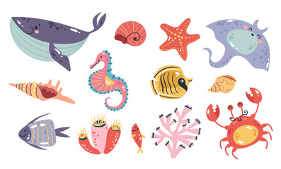 Naklejka premium Sea ocean underwater life cute animals characters isolated set. Vector graphic design illustration