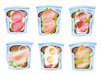 Sandwich lunch snack in plastic bag isolated set. Vector graphic design illustration
