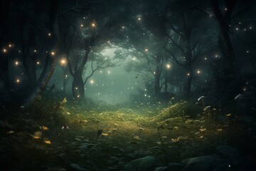 Enchanting forest with fireflies, creating a spooky fantasy halloween dreamscape. Generative AI