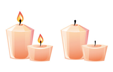 Candle burn fire light flame and off isolated concept. Vector flat graphic design illustration