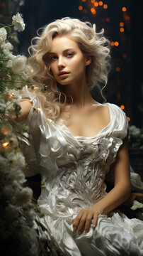 Art photo fantasy of mystical woman in white, long white ancient style dress, light long hair. AI Generative