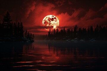 Red full moon floating in the night sky. Generative AI
