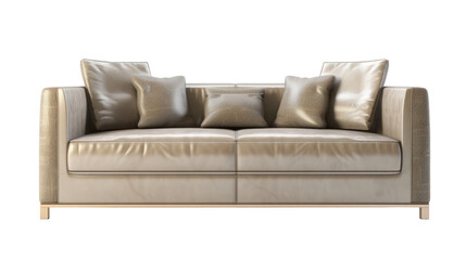 Gray colored leather modern sofa with pillows, isolated on a transparent background, front view.