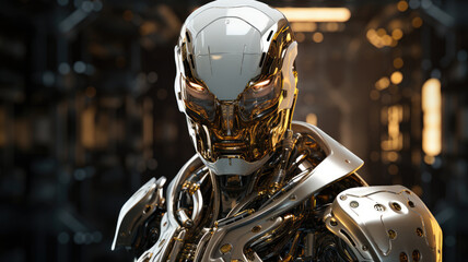 Close up of futuristics war machine robot in white silver and gold color in the sci-fi spaceship...