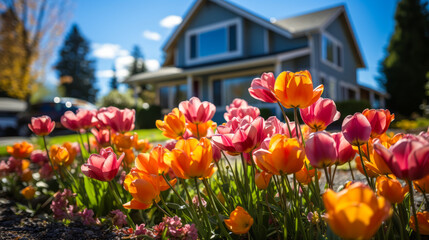 Impressive modern two-story house with vast windows, set amidst a vibrant garden of tulips. 'For Sale' sign on lawn under a clear blue sky.