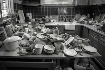 Disorderly kitchen with unwashed dishes. Generative AI