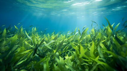 Fototapeta na wymiar Underwater view of a group of seabed with green seagrass. High quality photo