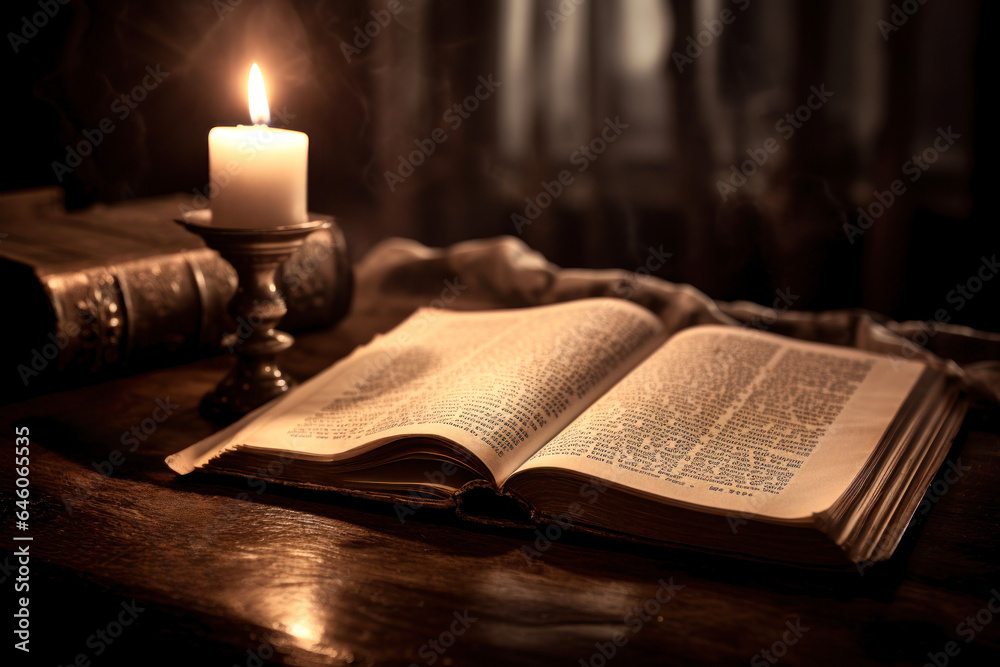 Poster a open bible and a candle in an old room vintage sepia scene a story of faith and hope generative ai - Posters