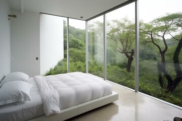 Minimalist room with garden view. Generative AI