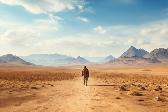 A traveling man walking alone through the desert in a lonely and hostile environment Generative AI Illustration © SVasco