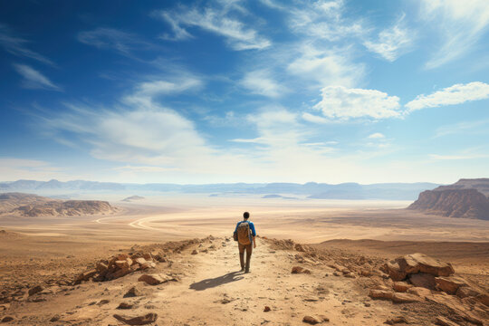 A traveling man walking alone through the desert in a lonely and hostile environment Generative AI Illustration