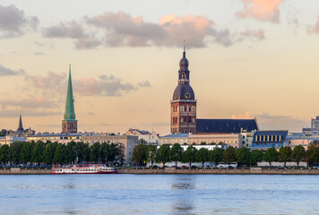 Riga Dome Cathedral in summer at sunset, view across the Daugava River 4