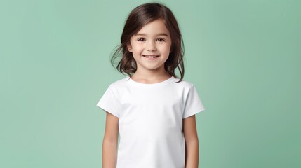 Young brunette girl posing in white tshirt on green background mockup