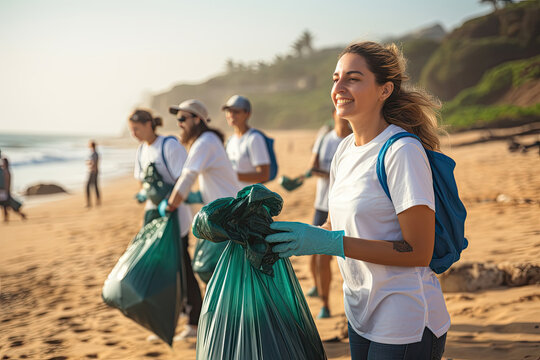 Young people working in team aware of the pollution produced by the plastic industry. Diverse people cleaning up the beach. Volunteers collecting the waste on the coast line. - Powered by Adobe