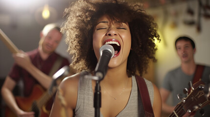 Portrait of african american woman singing into microphone in music studio