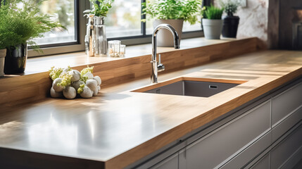 Wooden light empty worktop in a modern kitchen with a faucet sink, with a view from the window