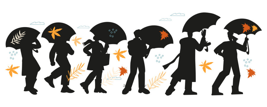 Silhouettes of people walking in the rain, isolated flat vector illustration. People with umbrellas black silhouettes or outline images.
