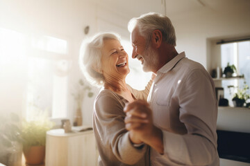 Elegant Senior Couple Dancing in Sunlit Living Room