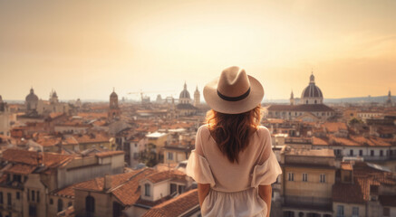 Back view of a female tourist with a big hat standing in front of a summer city. Concept motif on the theme of travel, wanderlust and city trip