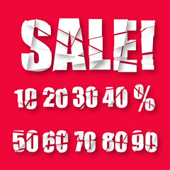 A Set of Broken Labels for Special Offers and Sales Discount with Red Background and Shadow
