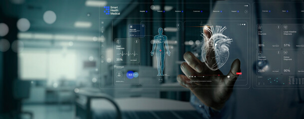 Medical technology and healthcare treatment to diagnose heart disorder and disease of cardiovascular.Cardiologist doctor examine patient heart functions and blood vessel on virtual interface. - Powered by Adobe