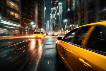 Fototapeta na wymiar Yellow Cab in Motion: Urban Nightlife