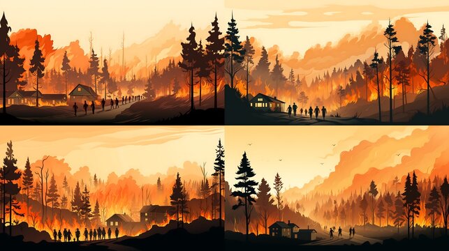 Icon Set Waldbrand kommt auf eine Siedlung zu