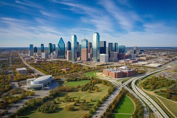 Fototapeta na wymiar Breathtaking cityscape of Dallas downtown with prominent highway and park. Reunion tower is visible. Generative AI
