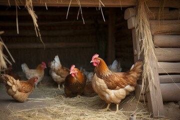 A henhouse with chicken and eggs. Generative AI