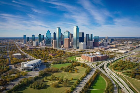 Breathtaking cityscape of Dallas downtown with prominent highway and park. Reunion tower is visible. Generative AI