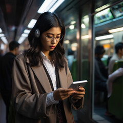 Female asian woman on her phone while commuting to work